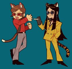 Rule 34 | 2boys, absurdres, animal ears, baofu, belt, black footwear, black hair, black necktie, blue background, brown hair, buttons, cat boy, cat ears, cat tail, choker, cigarette, claw pose, double-breasted, dress shirt, earrings, facial hair, fangs, formal, glasses, gloves, goatee, grey gloves, grey pants, hand in pocket, highres, hissing, holding, holding cigarette, jacket, jewelry, kemonomimi mode, long hair, male focus, multiple boys, necktie, open mouth, pants, persona, persona 2, persona 2 batsu, red-tinted eyewear, red shirt, s7873, shirt, short hair, smile, standing, standing on one leg, suit, sunglasses, suou katsuya, tail, tinted eyewear, v-shaped eyebrows, yellow jacket, yellow pants