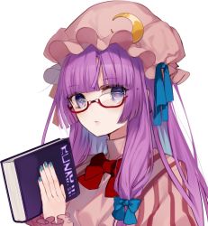 Rule 34 | 1girl, bad id, bad twitter id, bespectacled, blue bow, blue nails, blue ribbon, blunt bangs, book, bow, bowtie, crescent, crescent hair ornament, daimaou ruaeru, dress, glasses, hair bow, hair ornament, hat, hat ribbon, holding, holding book, looking at viewer, mob cap, nail polish, parted lips, patchouli knowledge, pink dress, pink hat, purple eyes, purple hair, red-framed eyewear, red bow, red bowtie, ribbon, simple background, solo, touhou, upper body, white background