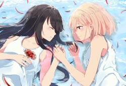 Rule 34 | 2girls, absurdres, bare shoulders, black hair, blonde hair, blurry, blush, chai haru, closed eyes, closed mouth, collarbone, commentary request, depth of field, falling petals, flower, highres, holding hands, inoue takina, long hair, looking at another, lycoris recoil, lying, multiple girls, nishikigi chisato, on back, on side, parted bangs, parted lips, petals, playing with another&#039;s hair, red eyes, short hair, sleeping, smile, spider lily, tank top, upper body, white tank top