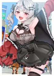 Rule 34 | 1girl, absurdres, breasts, cleavage, drill hair, grey hair, highres, hololive, looking at viewer, medium hair, open mouth, red eyes, sakamata chloe, shirocat 0121, smile, solo, twin drills, virtual youtuber