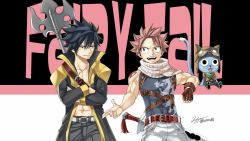 Rule 34 | 2boys, aviator cap, cat, copyright name, end card, fairy tail, flight goggles, gloves, gray fullbuster, halberd, happy (fairy tail), highres, mashima hiro, multiple boys, natsu dragneel, non-web source, official art, official wallpaper, polearm, scarf, sword, tattoo, wallpaper, weapon
