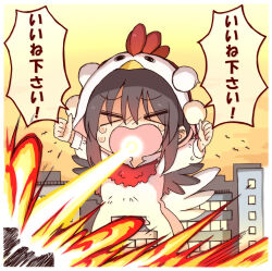 Rule 34 | &gt; &lt;, 1girl, animal, bird, black hair, bocchi the rock!, breath weapon, building, chibi, chicken costume, city, closed eyes, cloud, commentary request, explosion, giant, giantess, hair between eyes, hands up, long sleeves, mouth beam, open mouth, outdoors, parody, puffy long sleeves, puffy sleeves, shameimaru aya, sky, solo, sunset, tears, totoharu (kujirai minato), touhou, translation request, wavy mouth, yellow sky