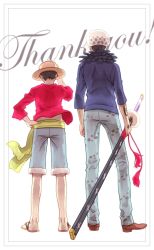 Rule 34 | 2boys, aya (shin&#039;ya meisai), back, black hair, blue pants, blue shirt, blue shorts, border, brown footwear, feather trim, full body, hand on headwear, hand on own hip, hat, height difference, holding, holding sword, holding weapon, long sideburns, long sleeves, male focus, monkey d. luffy, multiple boys, one piece, pants, red shirt, sandals, sash, sheath, shirt, short hair, shorts, standing, straw hat, sword, tassel, tattoo, thank you, trafalgar law, weapon, white background, yellow headwear, yellow sash