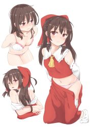 Rule 34 | 1girl, arms behind back, ascot, assisted exposure, bdsm, blush, bondage, bound, bound wrists, bow, bra, breasts, brown hair, cleavage, collarbone, detached sleeves, embarrassed, groin, hair bow, hair tubes, hakurei reimu, japanese clothes, kneeling, long hair, looking at viewer, medium breasts, miko, multiple views, navel, nise (  nise6  ), nontraditional miko, off shoulder, panties, parted lips, pink panties, red bow, red eyes, red skirt, shirt, sidelocks, simple background, skirt, sleeveless, sleeveless shirt, socks, stomach, touhou, underwear, white background, white legwear