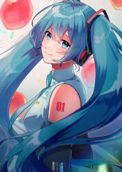 Rule 34 | 1girl, absurdres, arm tattoo, balloon, black sleeves, blue eyes, blue hair, blue necktie, blurry, blurry background, closed mouth, collared shirt, detached sleeves, eyebrows hidden by hair, floating hair, from side, hair between eyes, hatsune miku, head tilt, headphones, headset, highres, long hair, microphone, nakamu 405, necktie, number tattoo, shirt, sleeveless, sleeveless shirt, smile, solo, tattoo, twintails, upper body, very long hair, vocaloid, white shirt, wing collar