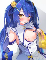 Rule 34 | 1girl, amamiya kokoro, bell, blue dress, blue hair, blush, breasts, buttons, clothes pull, commentary, corrupted twitter file, detached collar, detached sleeves, double-breasted, dress, dress pull, embarrassed, festa11307070, flashing, hair bell, hair intakes, hair ornament, hairclip, high collar, highres, long hair, looking at viewer, nijisanji, nipples, no bra, small breasts, solo, strapless, strapless dress, sweat, two side up, upper body, virtual youtuber, wide sleeves, yellow eyes