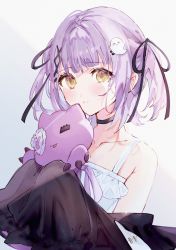 Rule 34 | 1girl, black choker, black jacket, black ribbon, blush, choker, commentary request, ghost hair ornament, hair ribbon, highres, holding, holding stuffed toy, jacket, long sleeves, looking at viewer, parted lips, purple hair, ribbon, shia job, shinomiya runa, shirt, short hair, simple background, sleeves past fingers, sleeves past wrists, solo, stuffed animal, stuffed toy, two side up, upper body, virtual youtuber, vspo!, white background, white shirt, yellow eyes