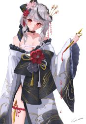 Rule 34 | 1girl, 2022, absurdres, ahoge, black hair, blood, blood drip, breasts, cleavage, closed mouth, dress, frown, grey hair, hair ornament, hair stick, head tilt, highres, hololive, japanese clothes, kimono, large breasts, long sleeves, looking at viewer, multicolored hair, red eyes, sakamata chloe, sakamata chloe (new year), simple background, solo, standing, thigh strap, virtual youtuber, white background, white hair, wide sleeves, yo na