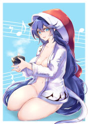 Rule 34 | 1girl, :d, animal ears, blue background, blue eyes, blue hair, border, bottomless, breasts, cleavage, cup, doremy sweet, groin, hat, highres, holding, holding cup, kurokan (kokkyou oudan), large breasts, long hair, looking at viewer, mug, musical note, nightcap, open clothes, open mouth, red hat, sitting, smile, solo, tail, tapir ears, tapir tail, touhou, white border, yokozuwari