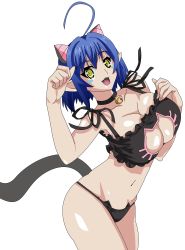 Rule 34 | 10s, 1girl, ahoge, alternate costume, animal ears, arched back, armpits, black panties, blue hair, breasts, cat demon girl (shinmai maou no testament burst), cat ears, cat lingerie, cat tail, cleavage, cleavage cutout, clothing cutout, cowboy shot, fangs, fingernails, from side, green eyes, hair between eyes, highres, large breasts, long fingernails, looking at viewer, meme attire, navel, neck bell, open mouth, panties, pointy ears, shinmai maou no testament, short hair, smile, solo, standing, tagme, tail, transparent background, underwear, underwear only