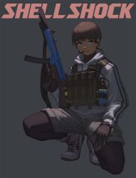 Rule 34 | 1girl, bad id, bad pixiv id, blue eyes, brown hair, bypos, dark, earpiece, eyelashes, gloves, glowstick, grey background, gun, h&amp;k mp5, heckler &amp; koch, highres, holding, holding gun, holding weapon, hood, hoodie, light smile, lips, load bearing vest, looking at viewer, military, nike (company), original, pantyhose, pantyhose under shorts, shoes, short hair, shorts, simple background, sneakers, solo, squatting, submachine gun, suppressor, trigger discipline, turtleneck, weapon