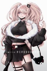 Rule 34 | 1girl, belt, black skirt, blue eyes, breasts, commentary, covered collarbone, criis-chan, danganronpa: trigger happy havoc, danganronpa (series), enoshima junko, garter straps, grey background, hair ornament, long hair, nail polish, one eye closed, red nails, simple background, skirt, smile, solo, thighhighs, tongue, tongue out, twintails
