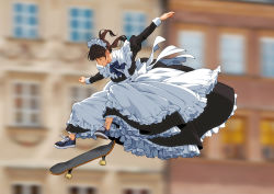 Rule 34 | 1girl, apron, blue bow, blue bowtie, blurry, bow, bowtie, brown hair, building, closed eyes, commentary, dress, english commentary, frilled apron, frills, full body, low twintails, maid, maid apron, maid headdress, medium hair, midair, motion blur, original, outdoors, outstretched arms, shoes, skateboard, skateboarding, sneakers, solo, suzushiro (suzushiro333), town, twintails, window