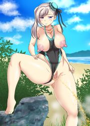 Rule 34 | 1girl, barefoot, beach, black one-piece swimsuit, blue eyes, blush, breasts, breasts out, bun cover, bush, cleavage, clothing aside, cloud, collarbone, fate/grand order, fate (series), grass, hair bun, highres, large breasts, leg up, long hair, looking down, miyamoto musashi (fate), miyamoto musashi (fate/grand order), miyamoto musashi (swimsuit berserker) (fate), mountain, nipples, ocean, one-piece swimsuit, peeing, pussy, rock, sand, side bun, silver hair, single hair bun, sky, standing, steam, sweat, swimsuit, swimsuit aside, taimiso, uncensored, water