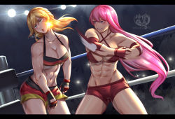 Rule 34 | 2girls, abs, arsonichawt, black gloves, blonde hair, blue eyes, boxing ring, breasts, catfight, cleavage, commission, elbowing, fingerless gloves, gloves, green eyes, highres, large breasts, letterboxed, long hair, multiple girls, muscular, muscular female, navel, open mouth, original, pink hair, pixiv commission, red gloves, rolling eyes, ryona, saliva, short shorts, shorts, smirk, tank top