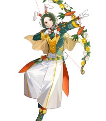 Rule 34 | 1boy, animal ears, arrow (projectile), attack, bow (weapon), drawing bow, fake animal ears, fire emblem, fire emblem: three houses, fire emblem heroes, gloves, green footwear, green hair, hair tie, highres, holding, holding bow (weapon), holding weapon, linhardt von hevring, linhardt von hevring (spring), long hair, male focus, nintendo, non-web source, ponytail, rabbit ears, solo, weapon, white gloves