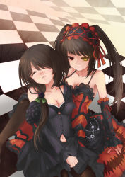 Rule 34 | 10s, 1girl, absurdres, bare shoulders, black hair, black pantyhose, breasts, checkered floor, cleavage, clock eyes, closed eyes, date a live, dress, dual persona, floor, hairband, heterochromia, highres, lolita fashion, lolita hairband, long hair, looking at viewer, navel, off shoulder, pantyhose, parted lips, red eyes, smile, symbol-shaped pupils, tokisaki kurumi, twintails, yellow eyes, zxhautumn