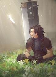 Rule 34 | 1990s (style), 1boy, axis04, black hair, crisis core final fantasy vii, feathers, final fantasy, final fantasy vii, flower, gloves, huge weapon, male focus, short hair, sitting, solo, sword, weapon, zack fair