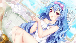 Rule 34 | 1girl, :d, agekichi (heart shape), artist request, artwhirl mahou gakuen no otome-tachi, bare arms, bathtub, blue hair, blush, breasts, cleavage, collarbone, dutch angle, game cg, hair between eyes, hair over shoulder, long hair, medium breasts, naked towel, open mouth, red eyes, silvia (artwhirl), sitting, smile, soap, solo, towel, very long hair