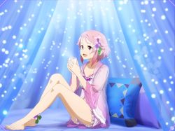 Rule 34 | 1girl, :d, ankle ribbon, bare legs, barefoot, bed, breasts, canopy bed, cleavage, coffee, collarbone, cup, flower, freckles, frilled shorts, frills, full body, game cg, green ribbon, hair flower, hair ornament, hair ribbon, holding, holding cup, leg ribbon, lingerie, lisbeth (sao), medium breasts, negligee, open mouth, pajamas, pink hair, pink shorts, red eyes, ribbon, see-through, see-through sleeves, short hair, short shorts, shorts, sidelocks, sitting, smile, solo, sword art online, sword art online: alicization rising steel, underwear