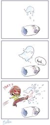Rule 34 | 0 0, 3koma, :d, androgynous, ankle boots, bad id, bad twitter id, boots, brown hair, chara (undertale), comic, evil grin, evil smile, fangs, flying kick, gender request, ghost, giving up the ghost, grin, hato moa, headphones, kicking, leggings, mettaton, mettaton (ghost), napstablook, open mouth, red eyes, shirt, shorts, signature, simple background, smile, solid circle eyes, spoilers, striped clothes, striped shirt, tears, teeth, undertale, white background