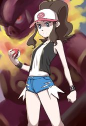 Rule 34 | 1girl, antenna hair, arm at side, bare shoulders, baseball cap, black vest, blue eyes, blue shorts, breasts, brown hair, closed mouth, cowboy shot, creatures (company), cutoffs, emboar, eyelashes, frown, game freak, gen 5 pokemon, hand up, hat, high ponytail, hilda (pokemon), holding, holding poke ball, legs apart, long hair, nintendo, nutkingcall, open clothes, open vest, poke ball, poke ball (basic), poke ball theme, pokemon, pokemon (creature), pokemon bw, shirt, shorts, sidelocks, small breasts, standing, tank top, vest, white hat, white shirt, wristband