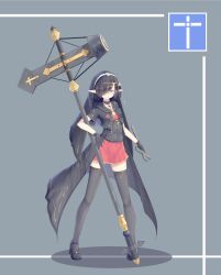 Rule 34 | 1girl, black cape, black gloves, black hair, black shirt, black thighhighs, blue eyes, cape, coif, collared shirt, cross, cross necklace, full body, gloves, grey background, hair ornament, hair over one eye, hairclip, hammer, high heels, highres, holding, holding cross, holding weapon, huge weapon, jewelry, kearful, miniskirt, necklace, original, pointy ears, red skirt, shirt, short hair, simple background, skirt, thighhighs, weapon