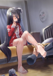 Rule 34 | 1girl, absurdres, animal ears, bad id, bad pixiv id, barefoot, bed, bedroom, black hair, blush, commentary request, disembodied hand, earrings, foot focus, hair ornament, highres, holding another&#039;s foot, horse ears, horse girl, horse tail, jacket, jewelry, long hair, manhattan cafe (umamusume), reo-illust4696, sitting, solo focus, sweatdrop, tail, track jacket, umamusume, yellow eyes