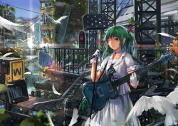 Rule 34 | 1girl, bird, cityscape, dlkdhy, dove, dress, gloves, green eyes, green hair, guitar, instrument, long hair, microphone, microphone stand, original, wink