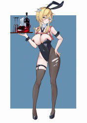 Rule 34 | 1girl, absurdres, alcohol, alternate breast size, animal ears, areola slip, armlet, asymmetrical legwear, belt, black leotard, black pantyhose, blush, bottle, breasts, carrying, cleavage, collarbone, commentary request, detached collar, fake tail, flower, full body, genshin impact, hair between eyes, hair flower, hair ornament, hairband, hand on own hip, heart, heart-shaped pupils, highleg, highleg leotard, highres, large breasts, leotard, light brown hair, looking at viewer, lumine (genshin impact), mismatched legwear, necktie, nipples, pantyhose, playboy bunny, rabbit ears, short hair, short hair with long locks, sidelocks, simple background, sleeveless, solo, standing, strapless, strapless leotard, suyujiu u, sweat, symbol-shaped pupils, tail, torn clothes, torn pantyhose, tray, two-tone background, wine, wine bottle, yellow eyes