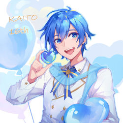 Rule 34 | 1boy, balloon, blue eyes, blue hair, blue ribbon, buttons, character name, double-breasted, feng you, heart, heart balloon, holding, holding balloon, holding heart, jacket, kaito (vocaloid), looking at viewer, male focus, neck ribbon, open mouth, ribbon, smile, solo, uniform, upper body, vocaloid, white jacket, white uniform