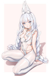 Rule 34 | 1girl, animal ears, azur lane, bare shoulders, blue eyes, braid, breasts, choker, fake animal ears, fangxiang cuoluan, hairband, highleg, highres, le malin (azur lane), le malin (listless lapin) (azur lane), leotard, long hair, looking at viewer, no shoes, official alternate costume, pantyhose, parted lips, playboy bunny, rabbit ears, revealing clothes, simple background, sitting, small breasts, solo, twin braids, very long hair, white background, white choker, white hair, white leotard, white pantyhose, wrist cuffs