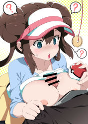 Rule 34 | 1boy, 1girl, ?, absurdres, bar censor, blue eyes, blush, breasts, brown hair, censored, clothes lift, confused, creatures (company), double bun, empty eyes, game freak, hair bun, highres, hypnosis, large breasts, long hair, long sleeves, looking down, mind control, miniskirt, nintendo, nipples, no bra, open mouth, paizuri, pantyhose, penis, poke ball, pokemon, pokemon bw2, raglan sleeves, rosa (pokemon), shirt lift, skirt, solo focus, spoken question mark, sweatdrop, twintails, visor cap, yellow skirt, zelitto