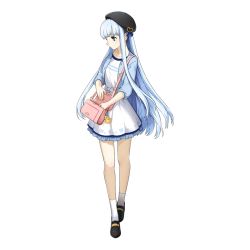 Rule 34 | 1girl, aoki hagane no arpeggio, artist request, bag, beret, black hat, blue jacket, dress, female focus, frilled dress, frills, full body, green eyes, hat, hime cut, iona (aoki hagane no arpeggio), jacket, long hair, looking down, official art, sidelocks, silver hair, simple background, solo, transparent background, white dress