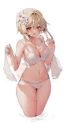 Rule 34 | 1girl, :d, alternate costume, bikini, blonde hair, breasts, cleavage, collarbone, cowboy shot, cropped legs, floating hair, flower, genshin impact, hair between eyes, hair flower, hair intakes, hair ornament, hands up, highres, holding, holding clothes, lace, lace-trimmed bikini, lace trim, large breasts, lily (flower), looking at viewer, lumine (genshin impact), multi-strapped bikini, navel, open mouth, shawl, shiro albino, short hair with long locks, sidelocks, simple background, smile, solo, stomach, swimsuit, thighs, wading, wet, white background, white bikini, white flower, white shawl, yellow eyes