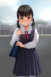 Rule 34 | 1girl, absurdres, black hair, blue bag, blue skirt, blurry, blurry background, blush, building, city, cityscape, cloud, collared shirt, commentary request, day, depth of field, dot nose, dress, ears, eyebrows, female focus, hair ornament, hairclip, highres, long sleeves, matsunaga kouyou, medium hair, nose blush, original, pinafore dress, pleated skirt, ponytail, red ribbon, ribbon, scenery, school uniform, shirt, skirt, sky, sleeveless, sleeveless dress, smile, solo, split mouth, twintails, white shirt