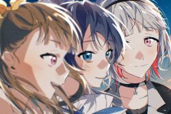 3girls 42_(42_aqrl) black_choker black_hairband black_jacket black_shirt blue_bow blue_eyes blue_hair blue_neckerchief blurry blurry_foreground bob_cut bow brown_hair center-flap_bangs choker closed_mouth collarbone colored_inner_hair commentary dark_blue_hair diagonal_bangs dollchestra grey_hair hair_bow hairband highres inverted_bob jacket kachimachi_kosuzu light_particles link!_like!_love_live! long_hair looking_at_another love_live! multicolored_hair multiple_girls murano_sayaka neckerchief official_alternate_costume open_mouth parted_lips pink_eyes ponytail portrait proof_(love_live!) red_hair shirt short_hair smile split_mouth star_(symbol) star_choker star_hairband straight_hair streaked_hair virtual_youtuber yellow_bow yugiri_tsuzuri