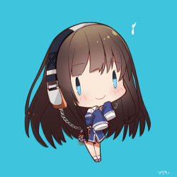 Rule 34 | 1girl, akutaa, azur lane, black hair, blue background, blue eyes, blunt bangs, chain, chibi, commentary request, full body, headphones, highres, long hair, long island (azur lane), long sleeves, looking at viewer, sidelocks, simple background, sleeves past wrists, smile, solo, standing, standing on one leg