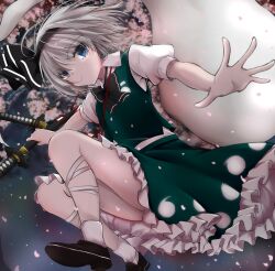 Rule 34 | 1girl, black bow, black bowtie, black footwear, black hairband, bow, bowtie, cherry blossoms, closed mouth, commentary request, frilled skirt, frills, full body, ghost, green skirt, green vest, grey hair, hairband, highres, konpaku youmu, konpaku youmu (ghost), looking at viewer, rei rf, shirt, short hair, short sleeves, skirt, socks, solo, sword, touhou, vest, weapon, white shirt, white socks