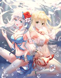 Rule 34 | 2girls, :d, absurdres, anklet, armpits, bare shoulders, barefoot, bead bracelet, beads, bikini, bikini skirt, blonde hair, blue bikini, blue eyes, bracelet, breasts, bubble, cleavage, closed mouth, criss-cross halter, fate/grand order, fate (series), floating hair, flower, freediving, green eyes, hair flower, hair intakes, hair ornament, halterneck, hand up, hibiscus, highres, jewelry, locked arms, long hair, looking at viewer, marie antoinette (fate), marie antoinette (fate/grand order), marie antoinette (swimsuit caster) (fate), marie antoinette (swimsuit caster) (third ascension) (fate), medium breasts, multiple girls, navel, nero claudius (fate), nero claudius (fate) (all), nero claudius (swimsuit caster) (fate), nero claudius (swimsuit caster) (third ascension) (fate), open mouth, red bikini, red flower, see-through, side-tie bikini bottom, silver hair, smile, striped bikini, striped clothes, sunlight, swimsuit, thighs, twintails, ueng, underwater, water, white flower