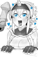 Rule 34 | 1girl, absurdres, blue eyes, blue theme, blush, breasts, cleavage, drooling, eye focus, gloves, hairband, highres, kirin (armor), large breasts, medium hair, monster hunter (character), monster hunter (series), mushroom, niwarhythm, open mouth, phallic symbol, simple background, solo focus, spot color, tongue, tongue out, white background