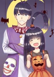 Rule 34 | 1boy, 1girl, :d, ^ ^, black hair, black shirt, blue eyes, blunt bangs, blurry, blurry background, blush, brother and sister, bug, cat, closed eyes, collarbone, crescent, crossed arms, depth of field, dress, facing viewer, fang, go-toubun no hanayome, grin, hair between eyes, hair ornament, head tilt, jack-o&#039;-lantern, jack-o&#039;-lantern hair ornament, jack-o&#039;-lantern print, long hair, long sleeves, looking at viewer, mask, multicolored clothes, nyaa28, open mouth, orange dress, pleated dress, print dress, shirt, short sleeves, siblings, sleeveless, sleeveless dress, smile, spider, uesugi fuutarou, uesugi raiha, very long hair