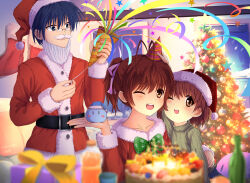 Rule 34 | 1boy, 2023, 2girls, absurdres, alternate costume, antenna hair, artist name, bespectacled, blue eyes, blue hair, blurry, blush, blush stickers, bow, box, brown eyes, brown hair, cake, christmas, christmas cake, christmas tree, clannad, closed mouth, commentary request, confetti, couple, cowboy shot, dango daikazoku, dated, depth of field, fake beard, fake facial hair, fake mustache, family, father and daughter, food, furukawa nagisa, gift, gift box, glasses, green bow, green sweater, hair between eyes, hair ribbon, happy, hat, heads together, hetero, highres, hug, husband and wife, indoors, key season, looking at another, looking at viewer, medium hair, mother and daughter, multiple girls, okazaki tomoya, okazaki ushio, open mouth, party hat, party popper, ponytail, purple ribbon, ribbed sweater, ribbon, santa costume, santa hat, short hair, smile, snowflake print, sweater, teeth, upper body, upper teeth only, window, | |