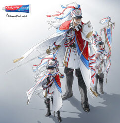 Rule 34 | absurdres, beard, black footwear, black pants, blue eyes, bow (weapon), bright pupils, cape, child, coat, colgate, facial hair, gloves, gradient background, grey background, height difference, heterochromia, highres, holding, holding banner, holding bow (weapon), holding sword, holding weapon, long hair, military uniform, mustache, original, pants, personification, quiver, red eyes, rinotuna, scarf, shadow, shoes, short hair, striped clothes, striped scarf, sword, uniform, weapon, white cape, white coat, white gloves, white hair, white headwear, white pupils