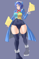 Rule 34 | 1girl, 2k-tan, blue eyes, blue hair, blush, breasts, cameltoe, covered erect nipples, curvy, female focus, folder, glasses, hip focus, matching hair/eyes, nagase haruhito, os-tan, short hair, simple background, solo, thighhighs, thighs, wide hips
