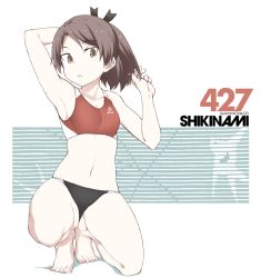 Rule 34 | 1girl, barefoot, breasts, brown eyes, brown hair, character name, cleavage, full body, hair ribbon, kantai collection, open mouth, ponytail, ribbon, shigino sohuzi, shikinami (kancolle), simple background, small breasts, solo, sports bra, sportswear, squatting