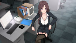 Rule 34 | 1girl, :&gt;, arm rest, breasts, brown hair, chair, cleavage, closed mouth, crossed legs, female focus, formal, from above, garter straps, highres, indoors, keyboard (computer), large breasts, legs, long hair, looking at viewer, monitor, mouse (computer), nymphomatic city, office, office lady, original, phone, pink eyes, sitting, skirt, smile, solo, suit, table, thighhighs, thighs, touji (tj studio), zettai ryouiki