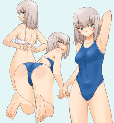 Rule 34 | 1girl, arm behind head, arm up, ass, backless swimsuit, barefoot, blue background, blue eyes, blue one-piece swimsuit, blush, bottomless, bra, closed mouth, commentary, competition swimsuit, covered navel, crotch seam, frown, girls und panzer, half-closed eyes, highleg, highleg swimsuit, itsumi erika, kneeling, leaning forward, looking at viewer, looking back, medium hair, multiple views, one-piece swimsuit, open bra, open mouth, silver hair, simple background, standing, swimsuit, underwear, underwear only, undressing, unfastened, uona telepin, white bra