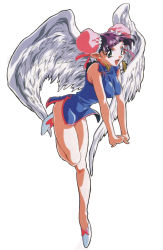 Rule 34 | 1990s (style), 1girl, angel wings, bakuretsu hunters, bare legs, blunt bangs, china dress, chinese clothes, daughter (bakuretsu hunters), double bun, dress, earrings, fang, full body, green eyes, hair bun, jewelry, knees together feet apart, leg lift, official art, open mouth, pointy ears, purple hair, retro artstyle, side slit, simple background, sleeveless, solo, v arms, white background, wings