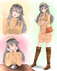 Rule 34 | 10s, 1girl, bag, black hair, blush, boots, brown eyes, brown footwear, checking watch, coffee, dress, closed eyes, hairband, handbag, haruna (kancolle), head rest, head tilt, irohakaede, jewelry, kantai collection, long hair, looking at viewer, looking down, multiple views, necklace, ring, ring necklace, shoulder bag, shoulder purse, sidelocks, smile, sweater, sweater dress, table, watch, waving, wedding band, wristwatch
